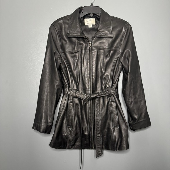 Medium Jackets & Blazers - Jacqueline Ferrari Black Lambskin Leather Belted Jacket Coat Women's Medium Y2k